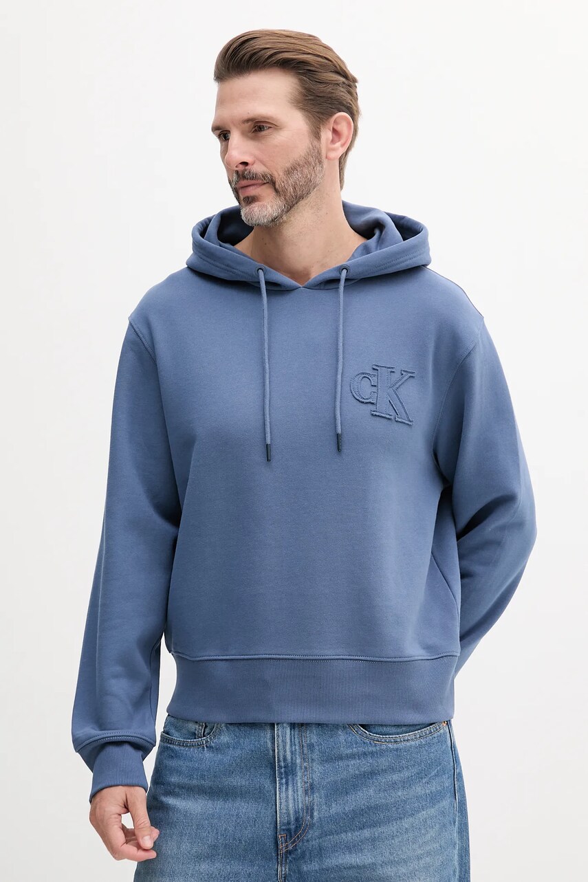 Levně Bavlněná mikina Calvin Klein Jeans pánská, modrá barva, s kapucí, s aplikací, J30J327245