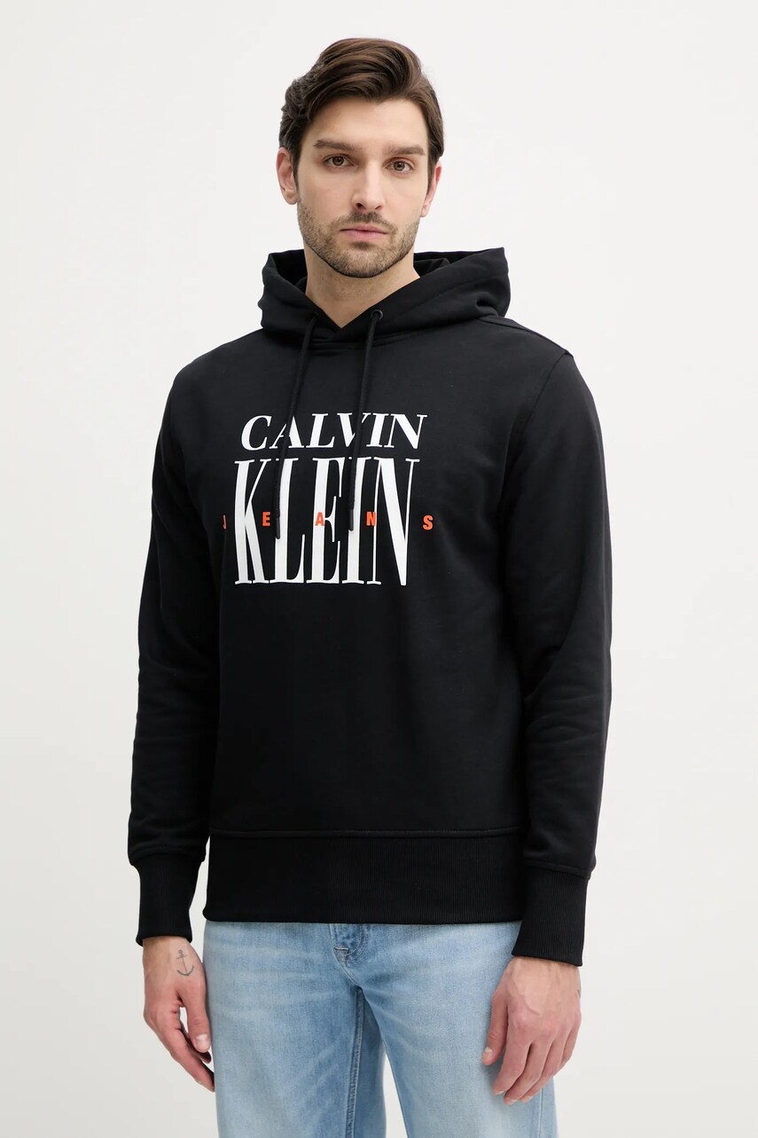 Levně Bavlněná mikina Calvin Klein Jeans pánská, černá barva, s kapucí, s potiskem, J30J327520
