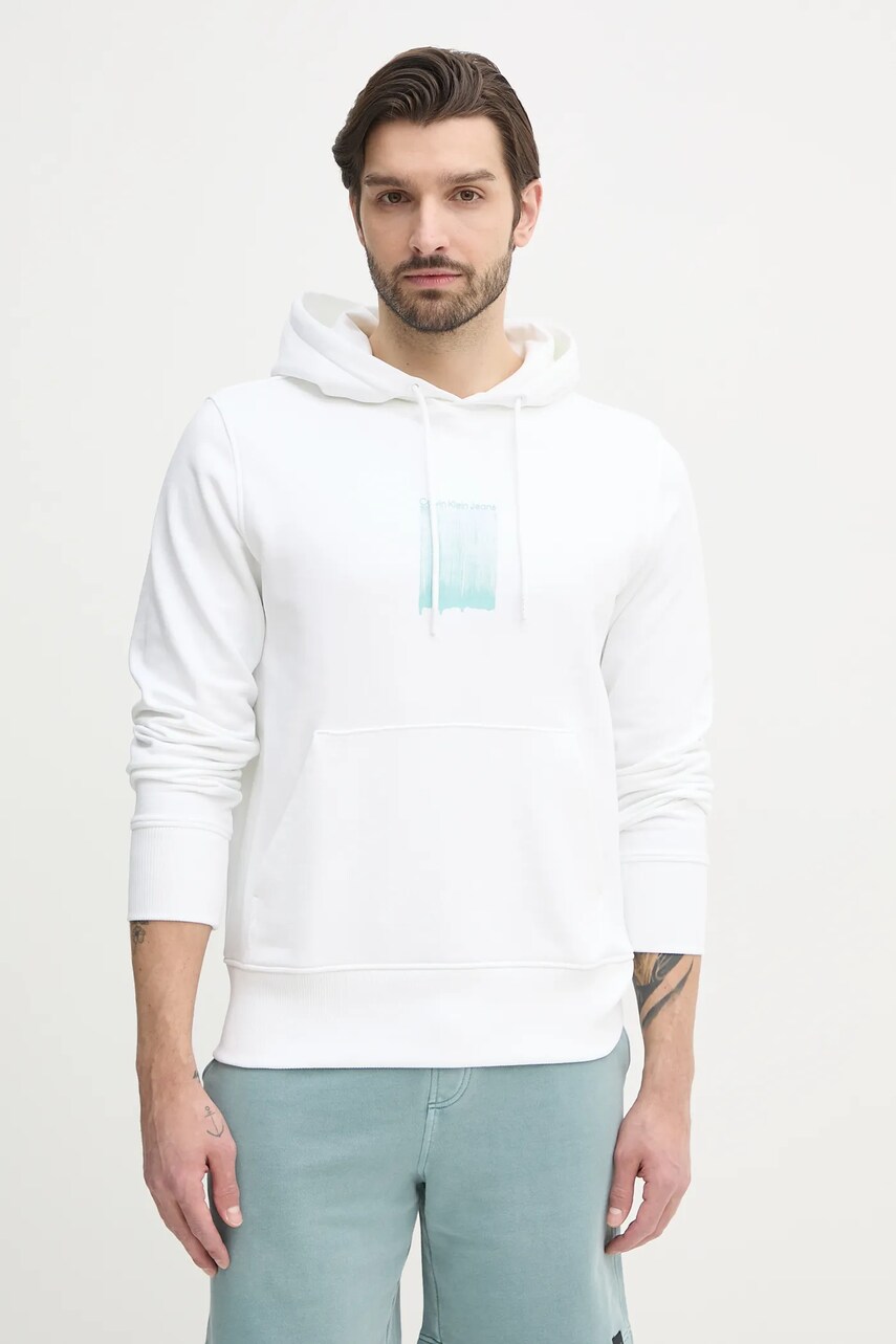 Levně Bavlněná mikina Calvin Klein Jeans pánská, bílá barva, s kapucí, s potiskem, J30J327525