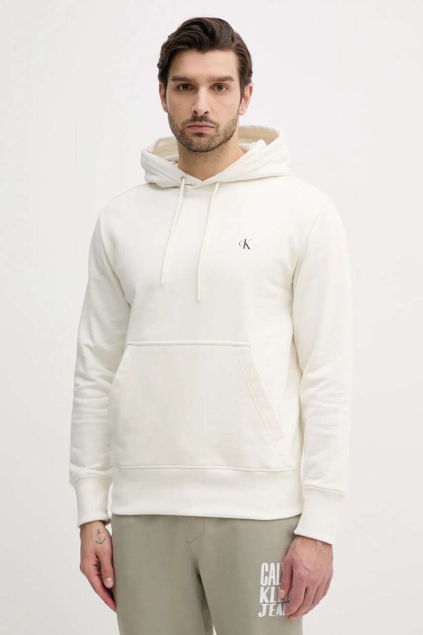 Levně Bavlněná mikina Calvin Klein Jeans pánská, béžová barva, s kapucí, s potiskem, J30J327526