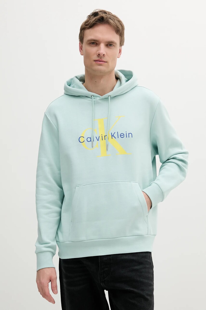 Levně Mikina Calvin Klein Jeans pánská, tyrkysová barva, s kapucí, s potiskem, LV040BM800