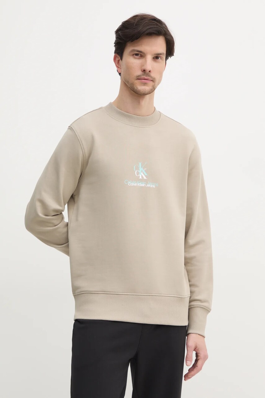 Levně Bavlněná mikina Calvin Klein Jeans pánská, béžová barva, s potiskem, J30J327470