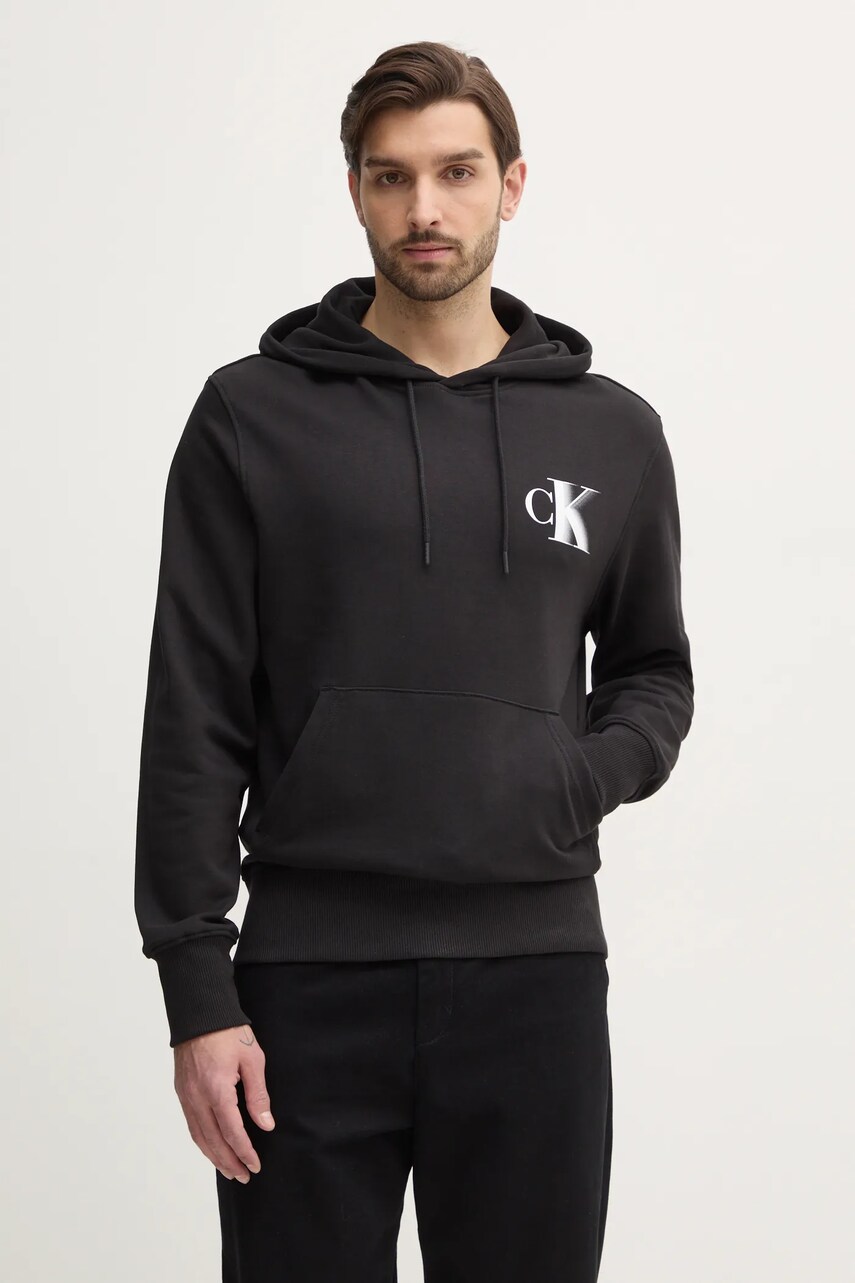 Levně Bavlněná mikina Calvin Klein Jeans pánská, černá barva, s kapucí, s potiskem, J30J327476