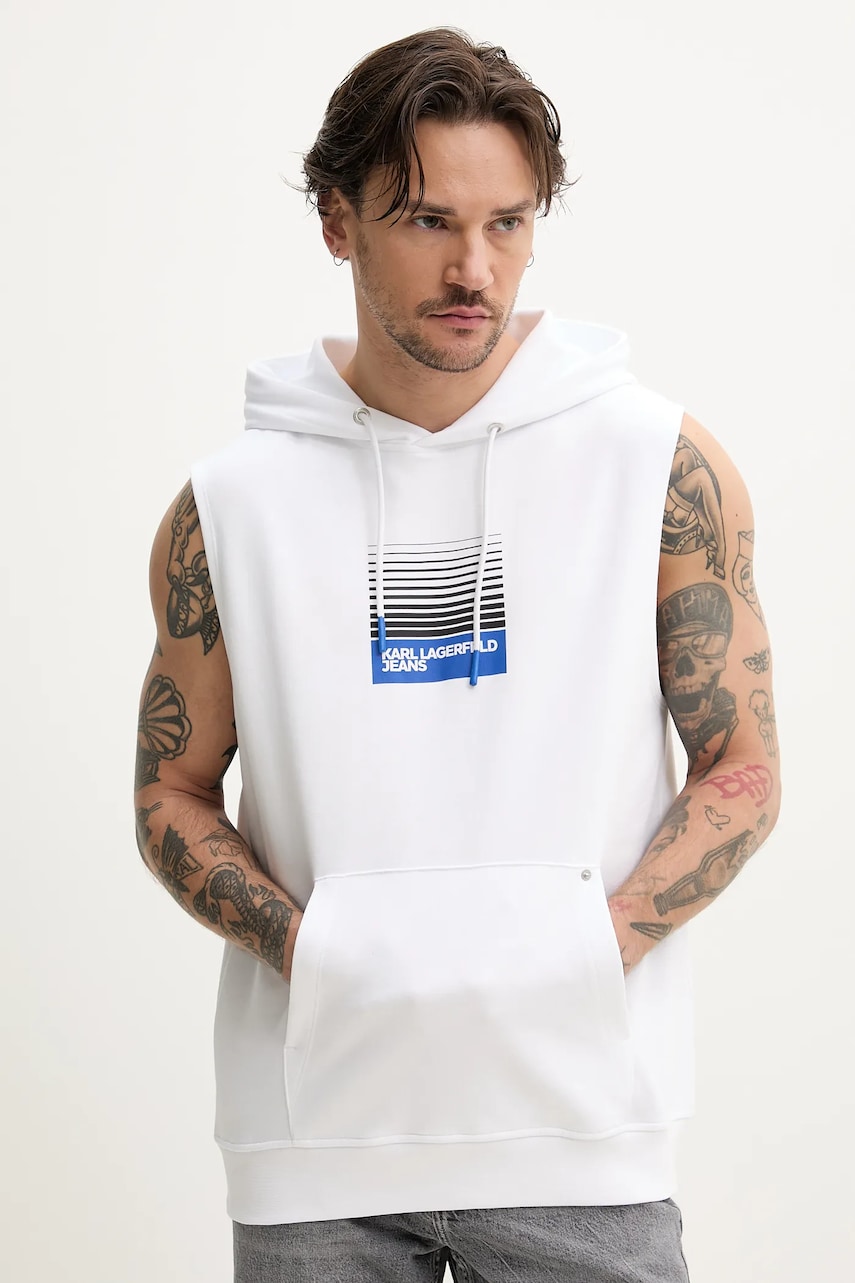 Karl Lagerfeld Jeans vestă din bumbac bărbați, culoarea alb, cu glugă, cu imprimeu, A2M20029
