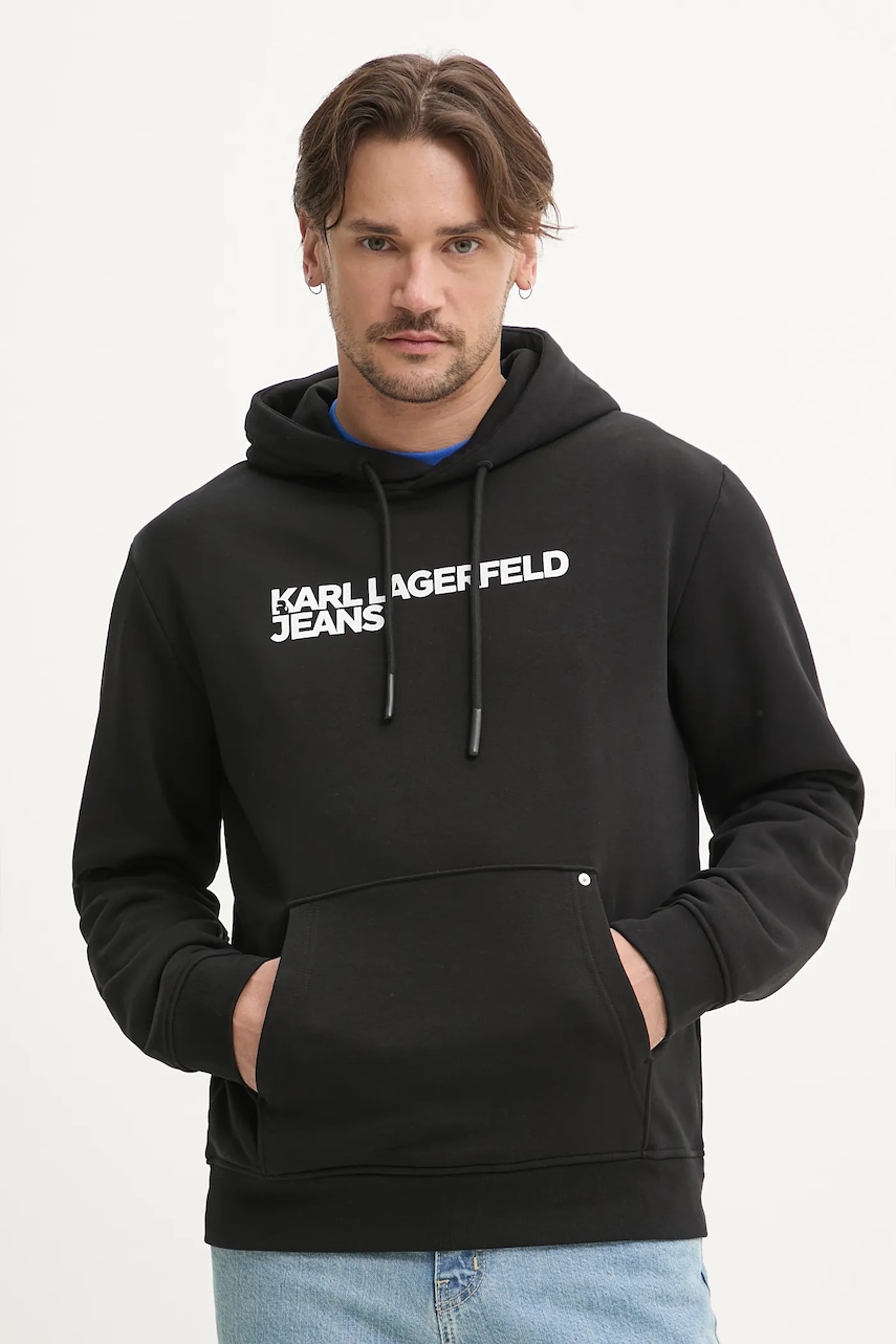 Karl Lagerfeld Jeans bluza barbati, culoarea negru, cu glugă, cu imprimeu, A2M20049