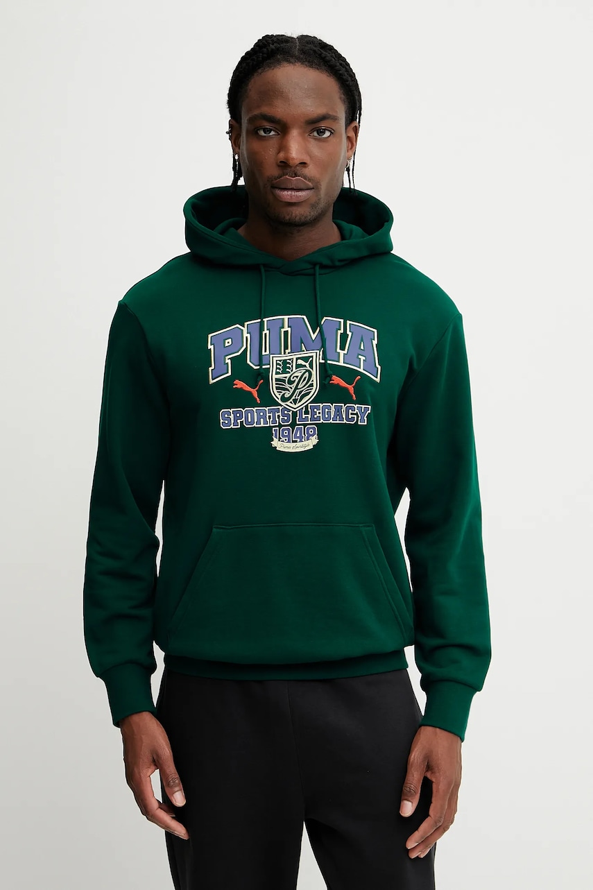 Puma hanorac de bumbac bărbați, culoarea verde, cu glugă, cu imprimeu, 629629