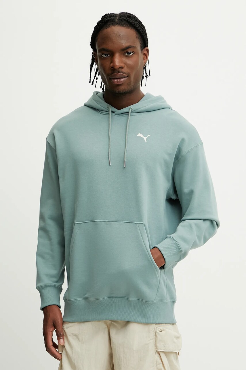 Puma hanorac de bumbac culoarea verde, cu gluga, neted, 629648