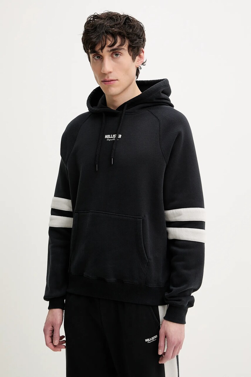 Levně Mikina Hollister Co. pánská, černá barva, s kapucí, s aplikací, KI322-5006