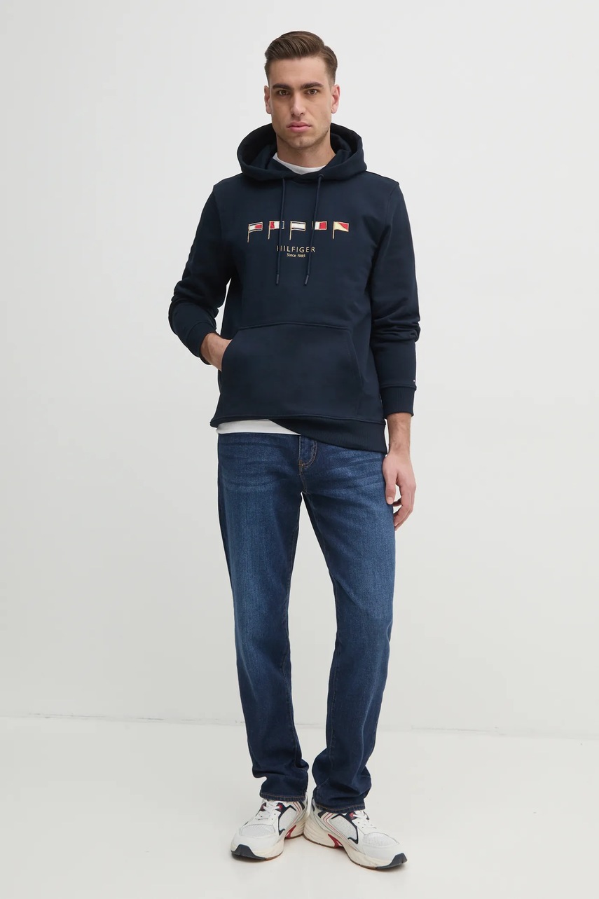 Хлопковая кофта Tommy Hilfiger мужская цвет синий с капюшоном с аппликацией MW0MW38666 Хлопковая кофта Tommy Hilfiger мужская цвет синий с капюшоном с аппликацией MW0MW38666