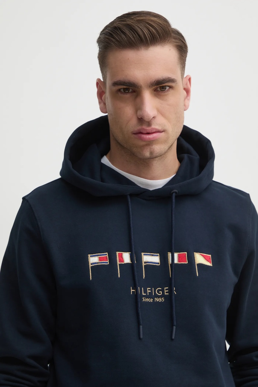 Бавовняна кофта Tommy Hilfiger чоловіча колір синій з капюшоном з аплікацією MW0MW38666 