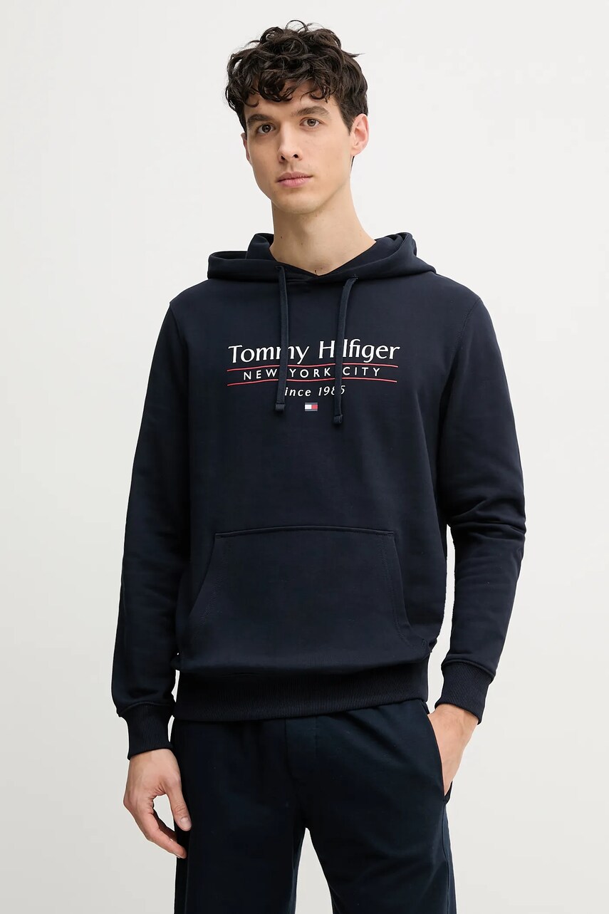 Levně Bavlněná mikina Tommy Hilfiger pánská, tmavomodrá barva, s kapucí, s potiskem, MW0MW38672