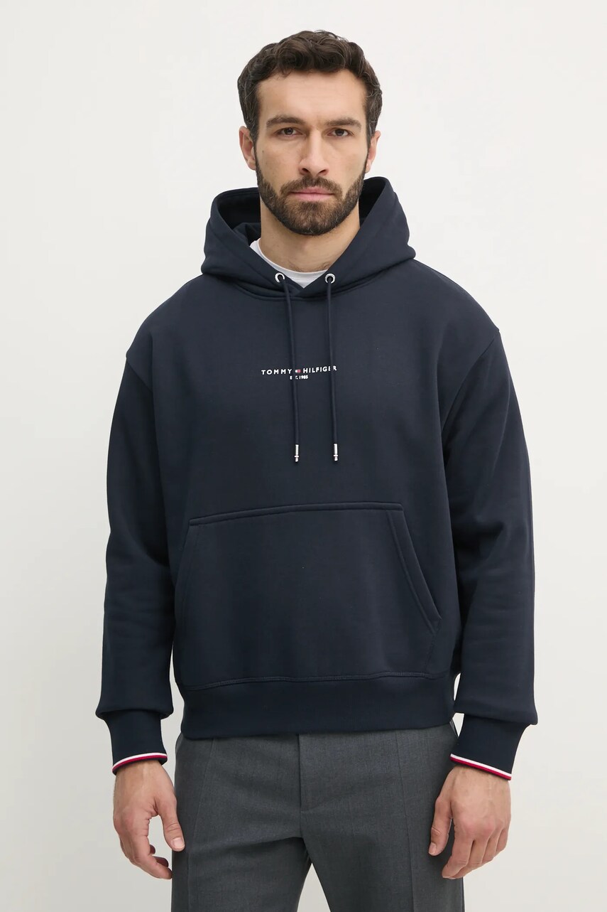 Levně Mikina Tommy Hilfiger pánská, tmavomodrá barva, s kapucí, s potiskem, MW0MW38950