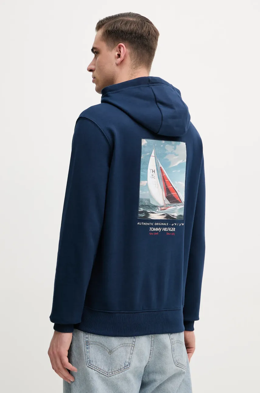 Bavlněná mikina Tommy Hilfiger pánská, tmavomodrá barva, s kapucí, hladká, MW0MW39151