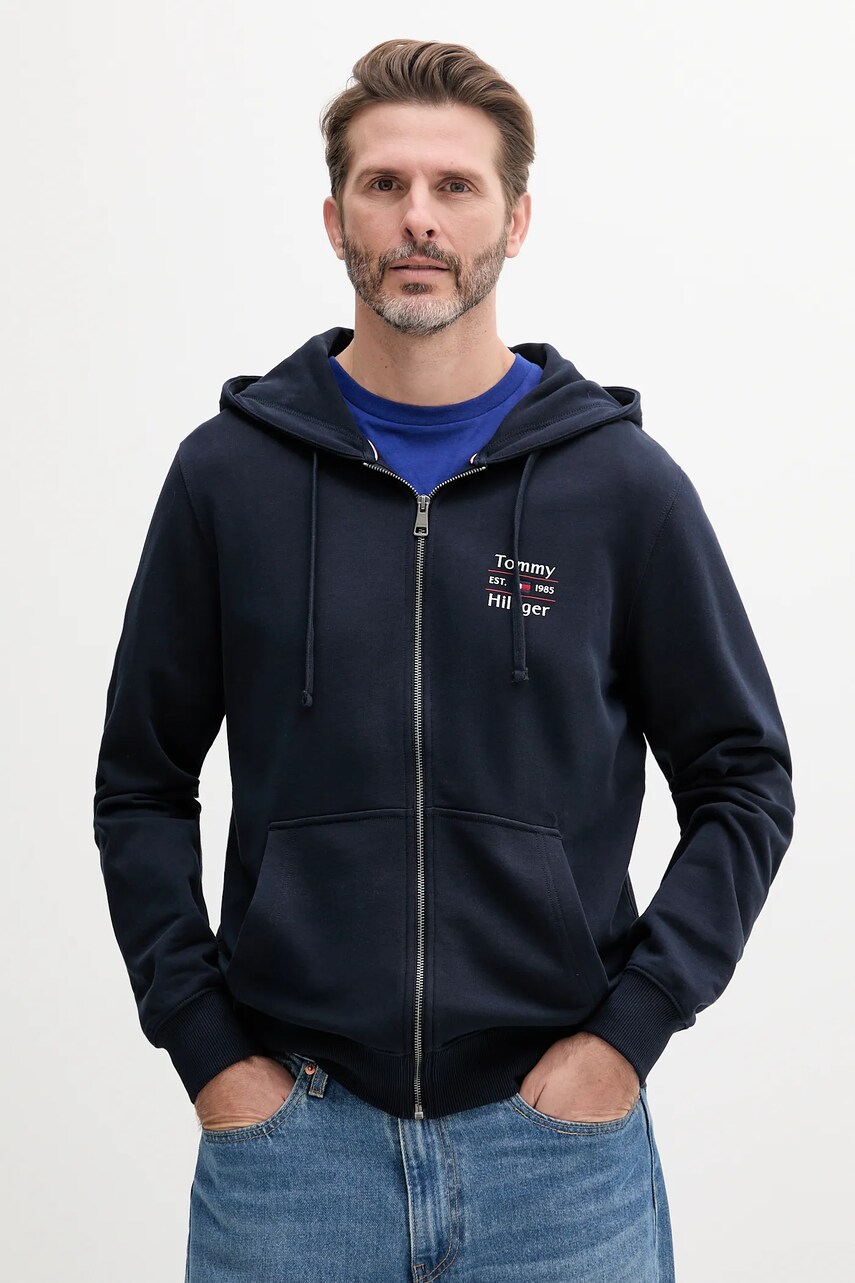 Levně Bavlněná mikina Tommy Hilfiger pánská, tmavomodrá barva, s kapucí, hladká, MW0MW39250