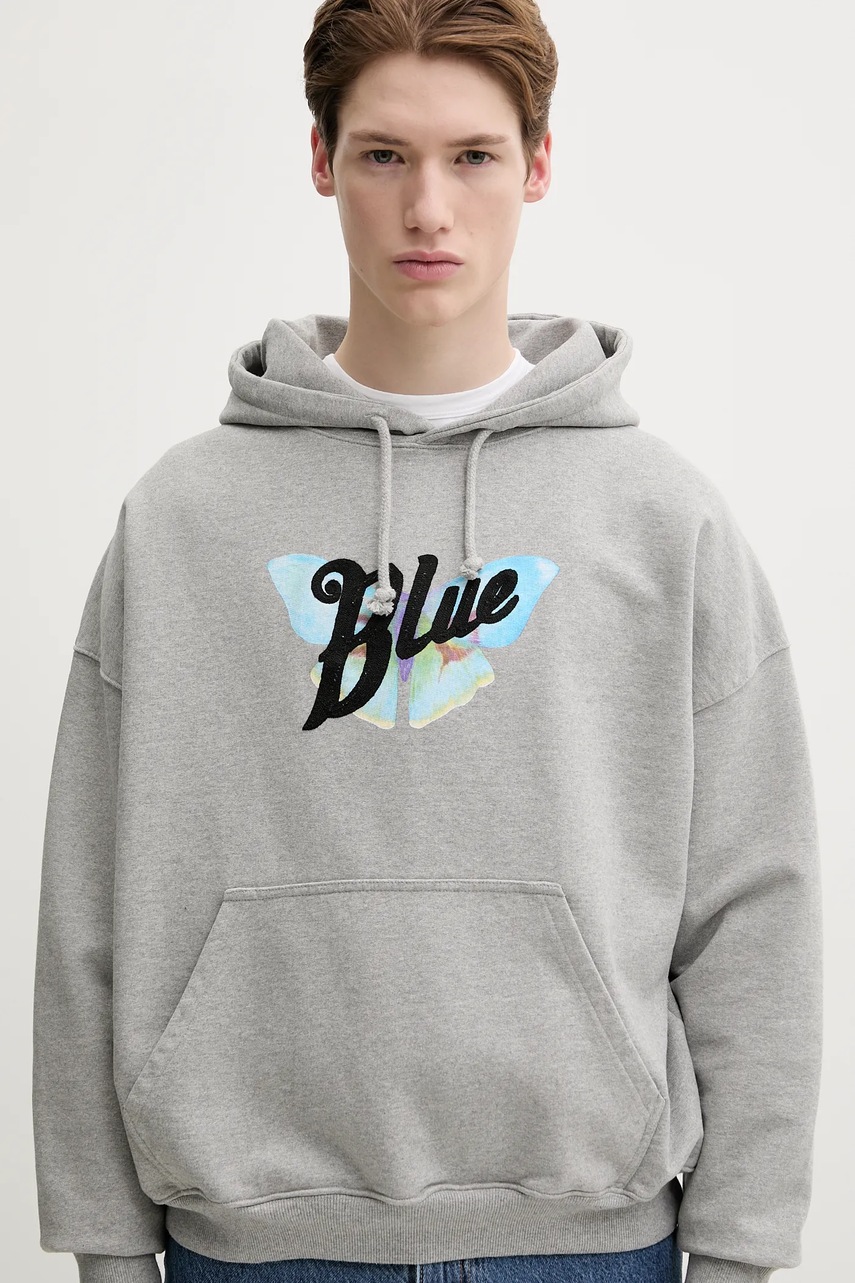 Βαμβακερή μπλούζα BLUEMARBLE χρώμα: γκρι, με κουκούλα, HO01.FL05CA25 φωτογραφία