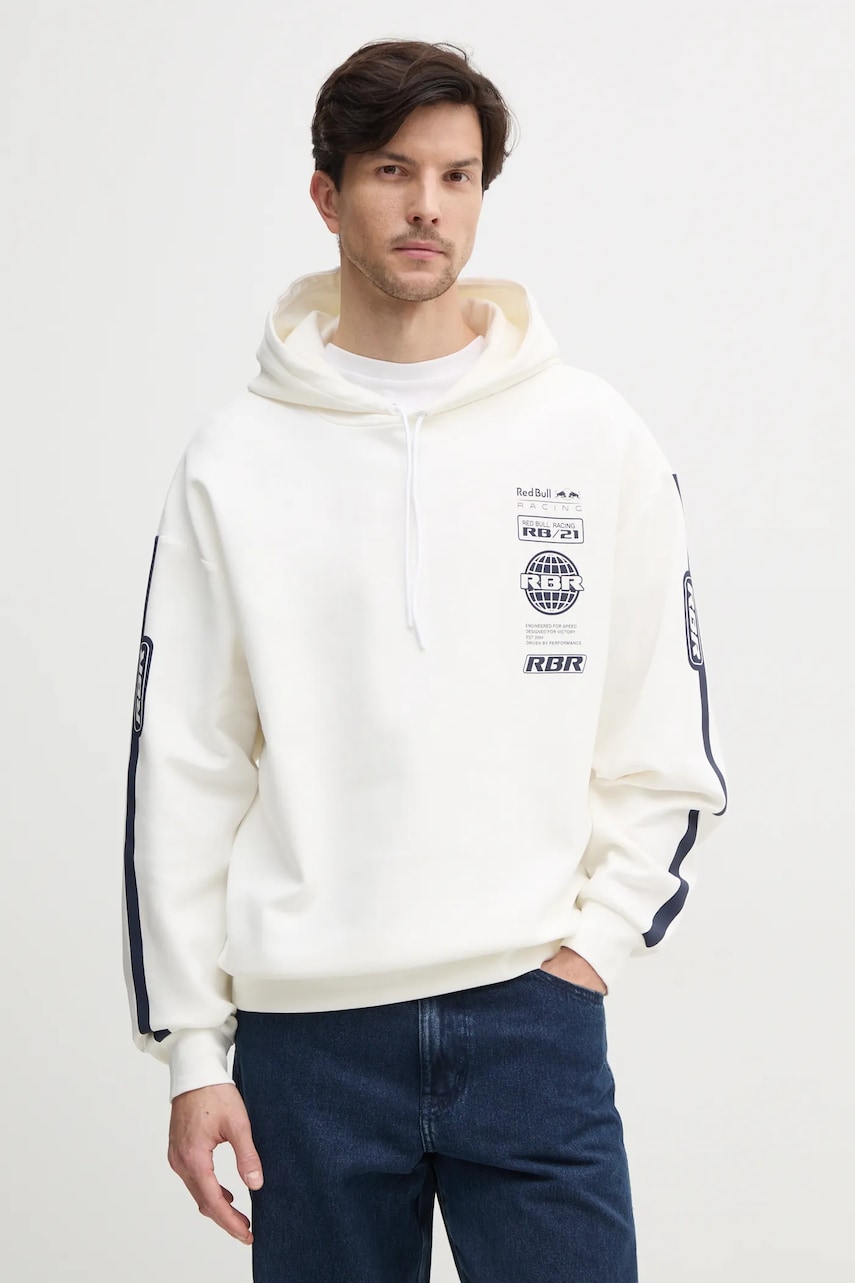 Red Bull Racing x Pepe Jeans bluza LOGO STACK HOODY barbati, culoarea bej, cu glugă, cu imprimeu, RM580013