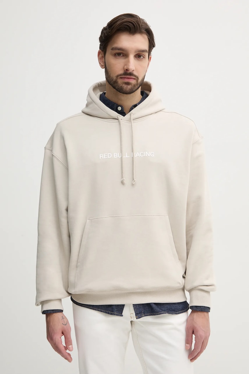 Red Bull Racing x Pepe Jeans hanorac de bumbac BREAKING RECORDS HDY barbati, culoarea bej, cu glugă, cu imprimeu, RM580021 Red Bull Racing x Pepe Jeans hanorac de bumbac BREAKING RECORDS HDY barbati, culoarea bej, cu glugă, cu imprimeu, RM580021