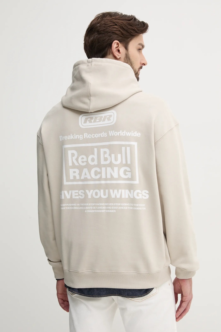 Red Bull Racing x Pepe Jeans pamut melegítőfelső BREAKING RECORDS HDY bézs, férfi, nyomott mintás, kapucnis, RM580021 termék 2. képe