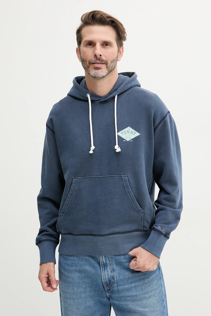 Tommy Jeans hanorac de bumbac bărbați, culoarea bleumarin, cu glugă, cu imprimeu, DM0DM20840 Tommy Jeans hanorac de bumbac bărbați, culoarea bleumarin, cu glugă, cu imprimeu, DM0DM20840