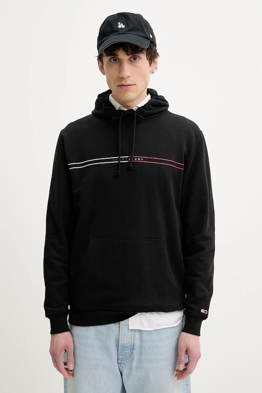 Tommy Jeans hanorac de bumbac barbati, culoarea negru, cu glugă, cu imprimeu, DM0DM20847