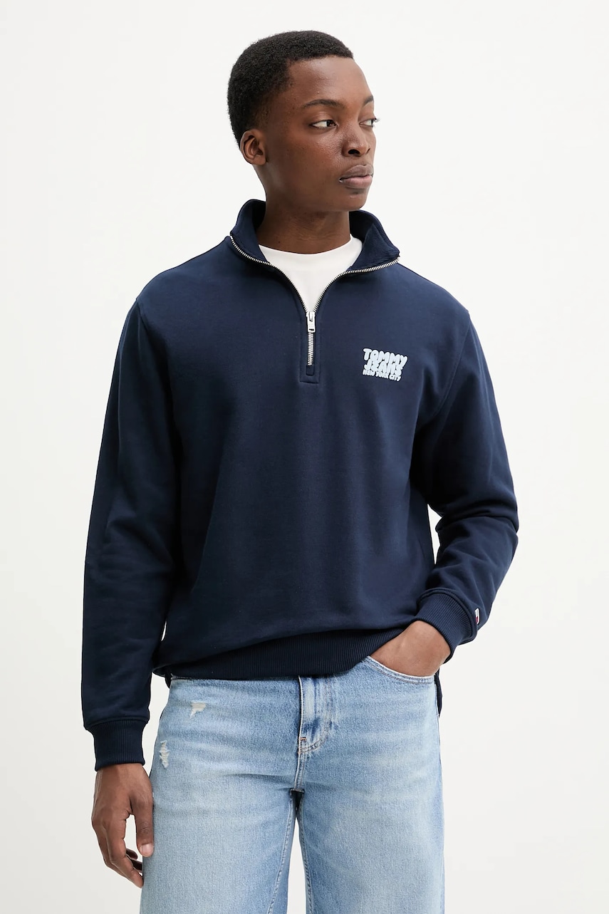 Tommy Jeans hanorac de bumbac barbati, culoarea albastru marin, cu imprimeu, DM0DM21865 Tommy Jeans hanorac de bumbac barbati, culoarea albastru marin, cu imprimeu, DM0DM21865