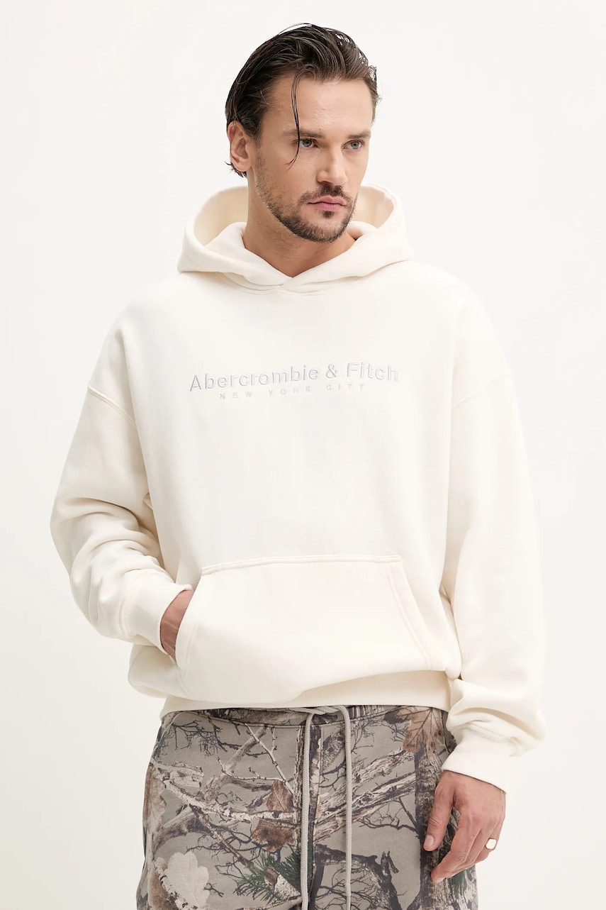 Abercrombie & Fitch bluza barbati, culoarea bej, cu glugă, cu imprimeu, KI175-5121