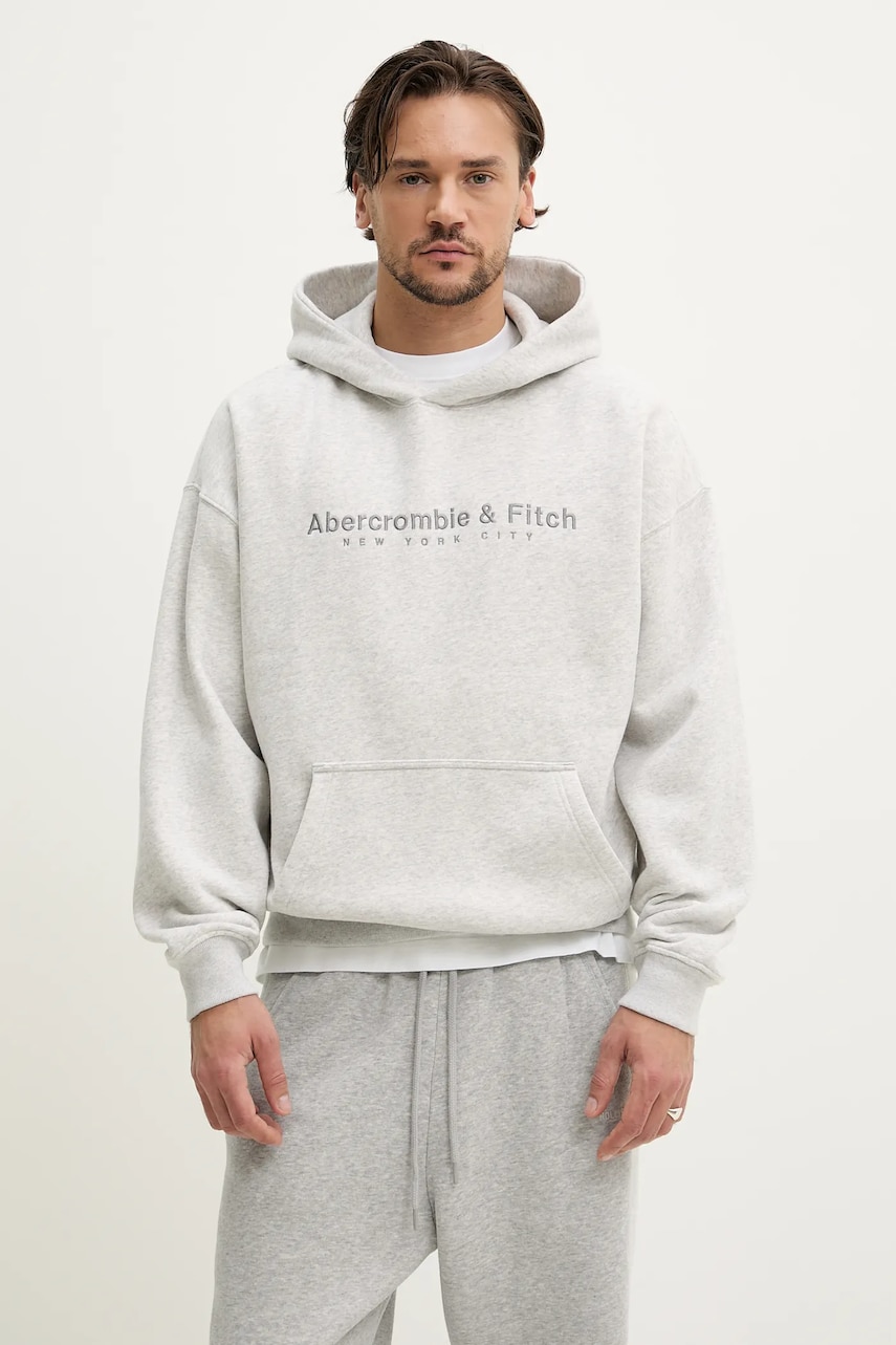 Abercrombie & Fitch bluza barbati, culoarea gri, cu glugă, cu imprimeu, KI175-5121 Abercrombie & Fitch bluza barbati, culoarea gri, cu glugă, cu imprimeu, KI175-5121