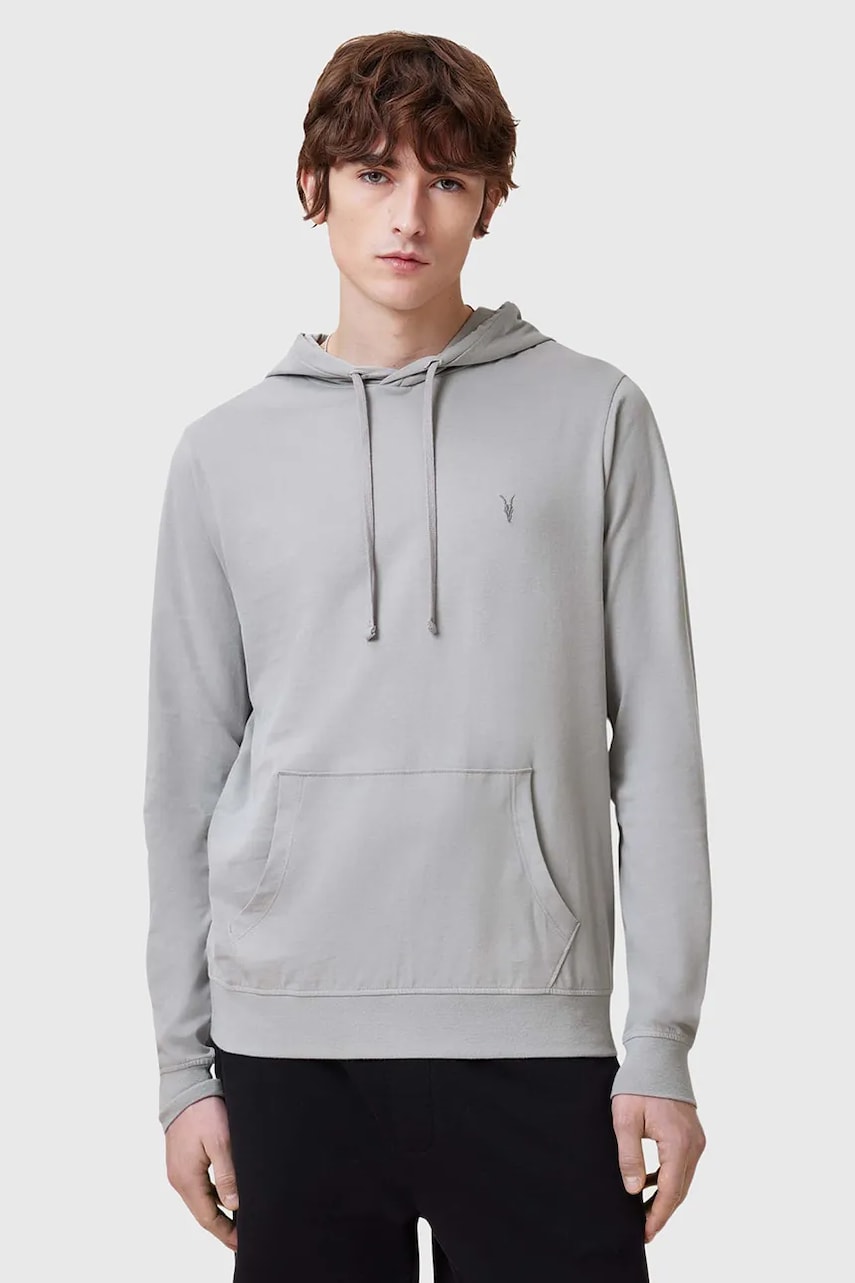 AllSaints hanorac de bumbac BRACE barbati, culoarea gri, cu glugă, neted, M034JB AllSaints hanorac de bumbac BRACE barbati, culoarea gri, cu glugă, neted, M034JB