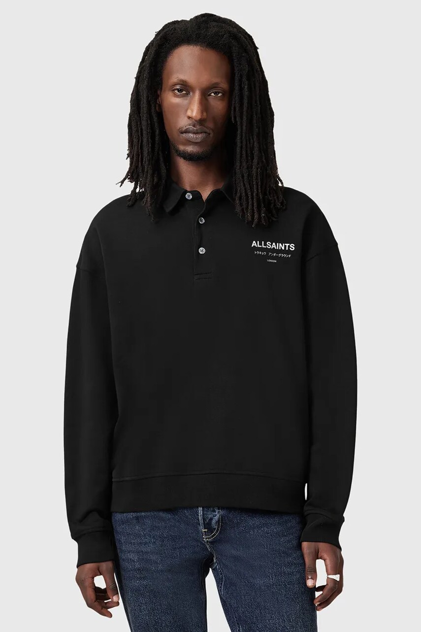 AllSaints hanorac de bumbac UNDERGROUND barbati, culoarea negru, cu glugă, neted, M046NB AllSaints hanorac de bumbac UNDERGROUND barbati, culoarea negru, cu glugă, neted, M046NB