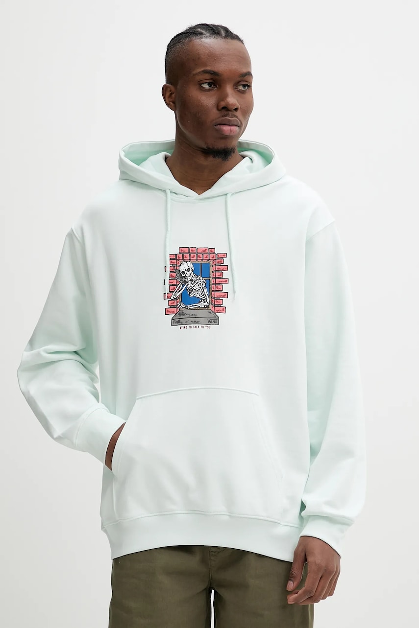 Vans hanorac de bumbac barbati, culoarea turcoaz, cu glugă, cu imprimeu, VN000NHSRNE1