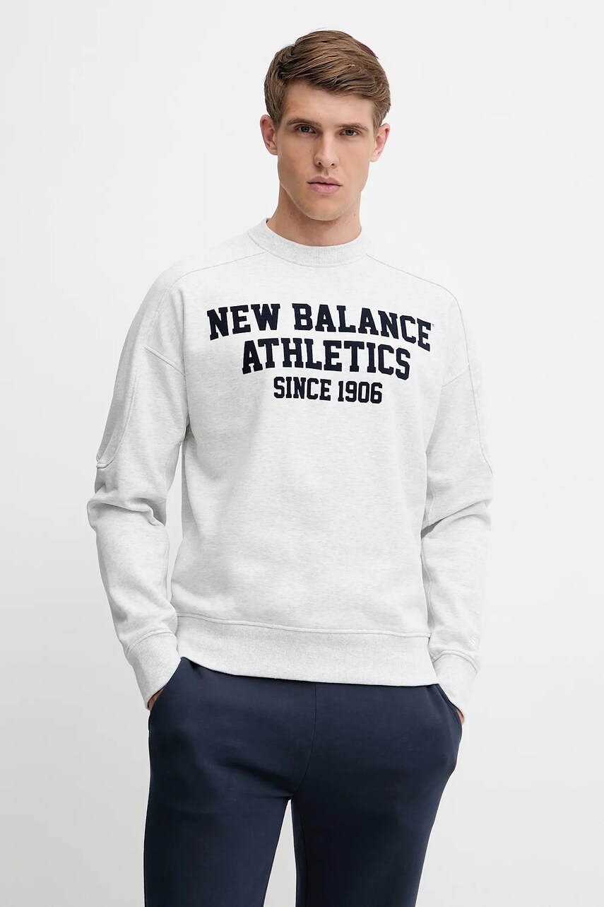 New Balance hanorac de bumbac culoarea gri, cu imprimeu, MT51521AHH