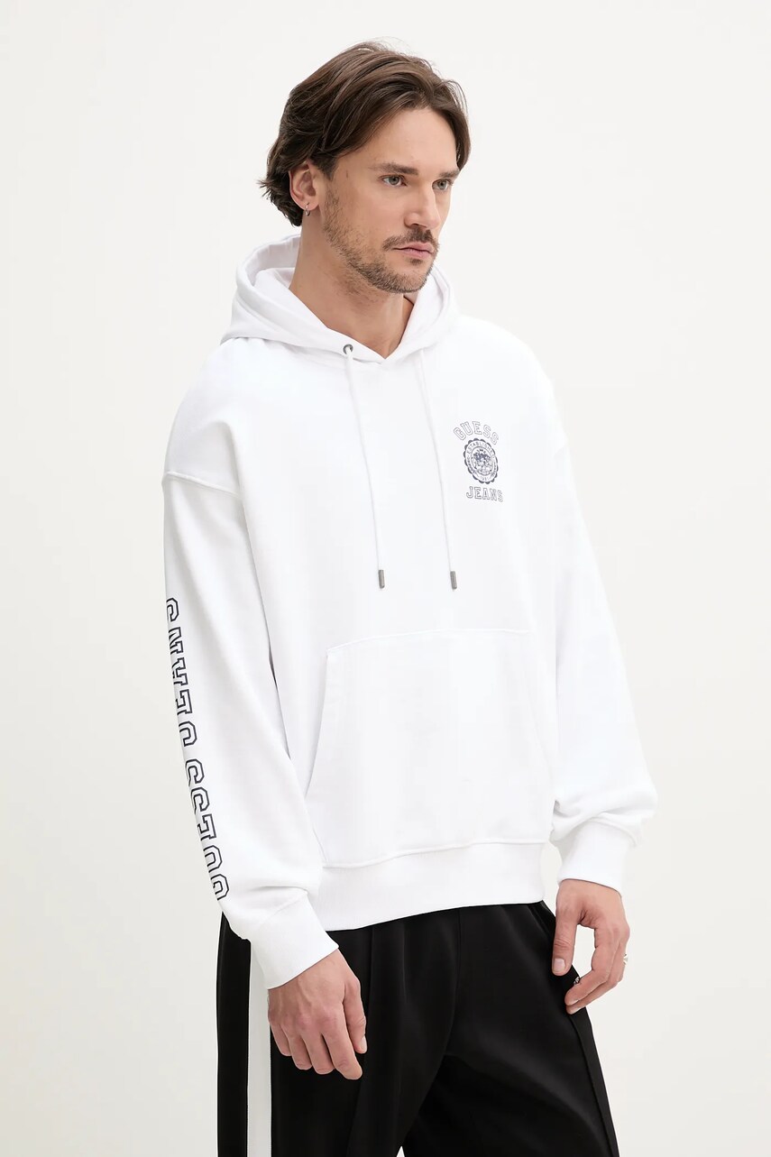 Levně Bavlněná mikina Guess Jeans pánská, bílá barva, s kapucí, s potiskem, M5GQ21 KCPR1