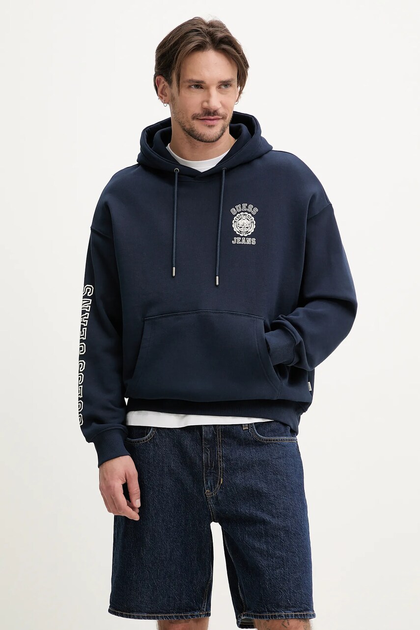 Levně Bavlněná mikina Guess Jeans pánská, tmavomodrá barva, s kapucí, s potiskem, M5GQ21 KCPR1