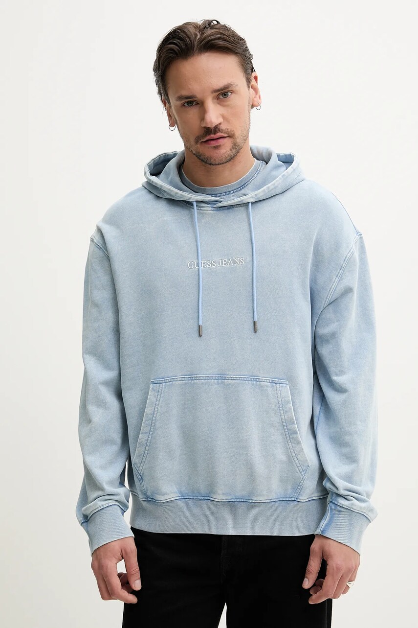 Levně Bavlněná mikina Guess Jeans pánská, modrá barva, s kapucí, s aplikací, M5GQ23 KCTJ1