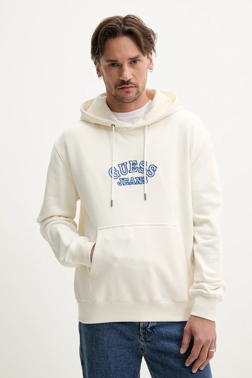 Levně Bavlněná mikina Guess Jeans pánská, béžová barva, s kapucí, s aplikací, M5GQ40 KCTY1