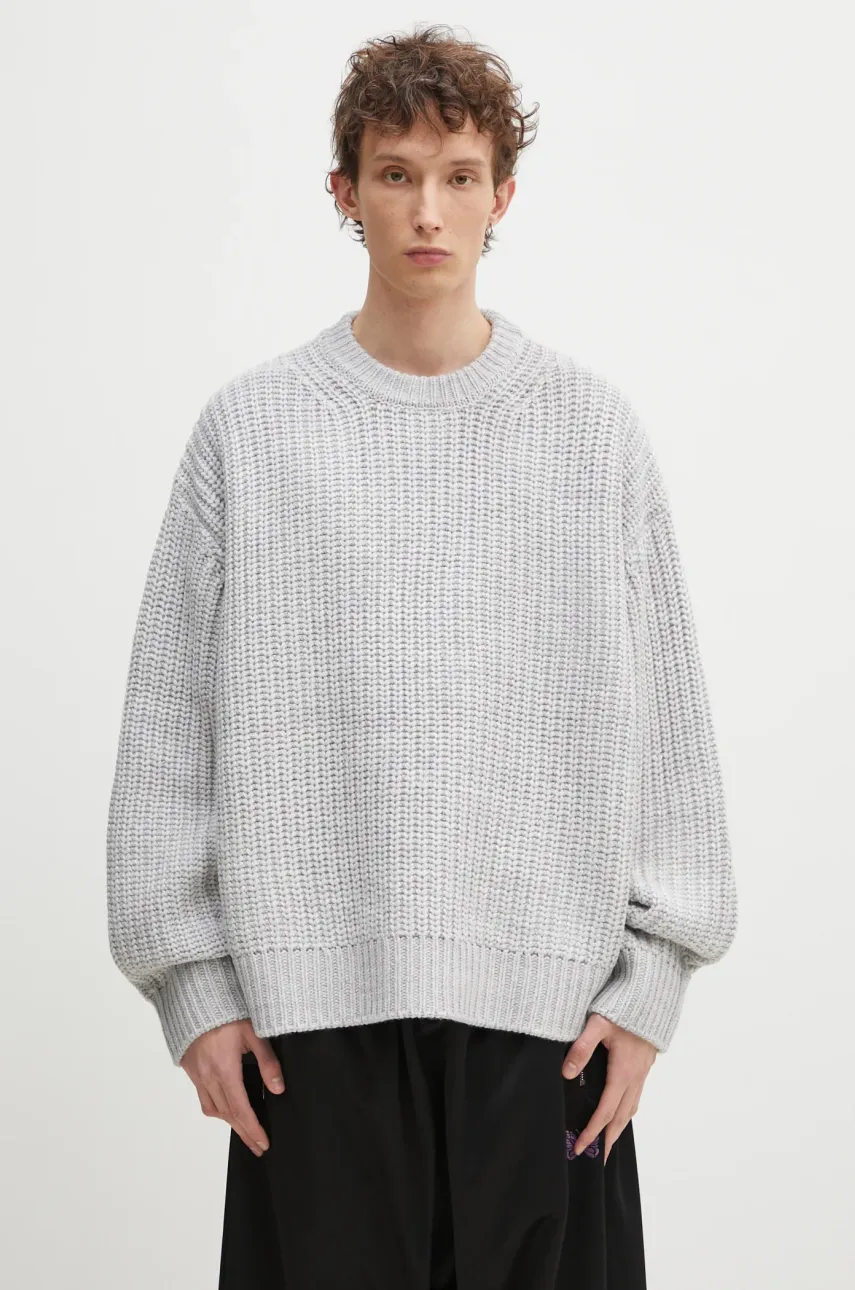 MKI MIYUKI ZOKU pulover din amestec de lana Chunky Rib Knit Crewneck barbati, culoarea gri, CHUNKY.RIB.KNIT.CRE.GR