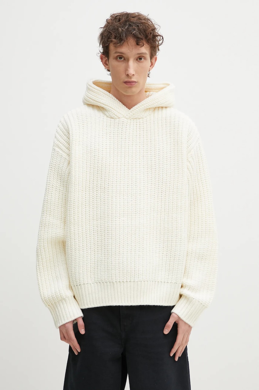 MKI MIYUKI ZOKU pulover din amestec de lana Chunky Rib Knit Hoody barbati, culoarea bej, CHUNKY.RIB.KNIT.HOODY.O MKI MIYUKI ZOKU pulover din amestec de lana Chunky Rib Knit Hoody barbati, culoarea bej, CHUNKY.RIB.KNIT.HOODY.O