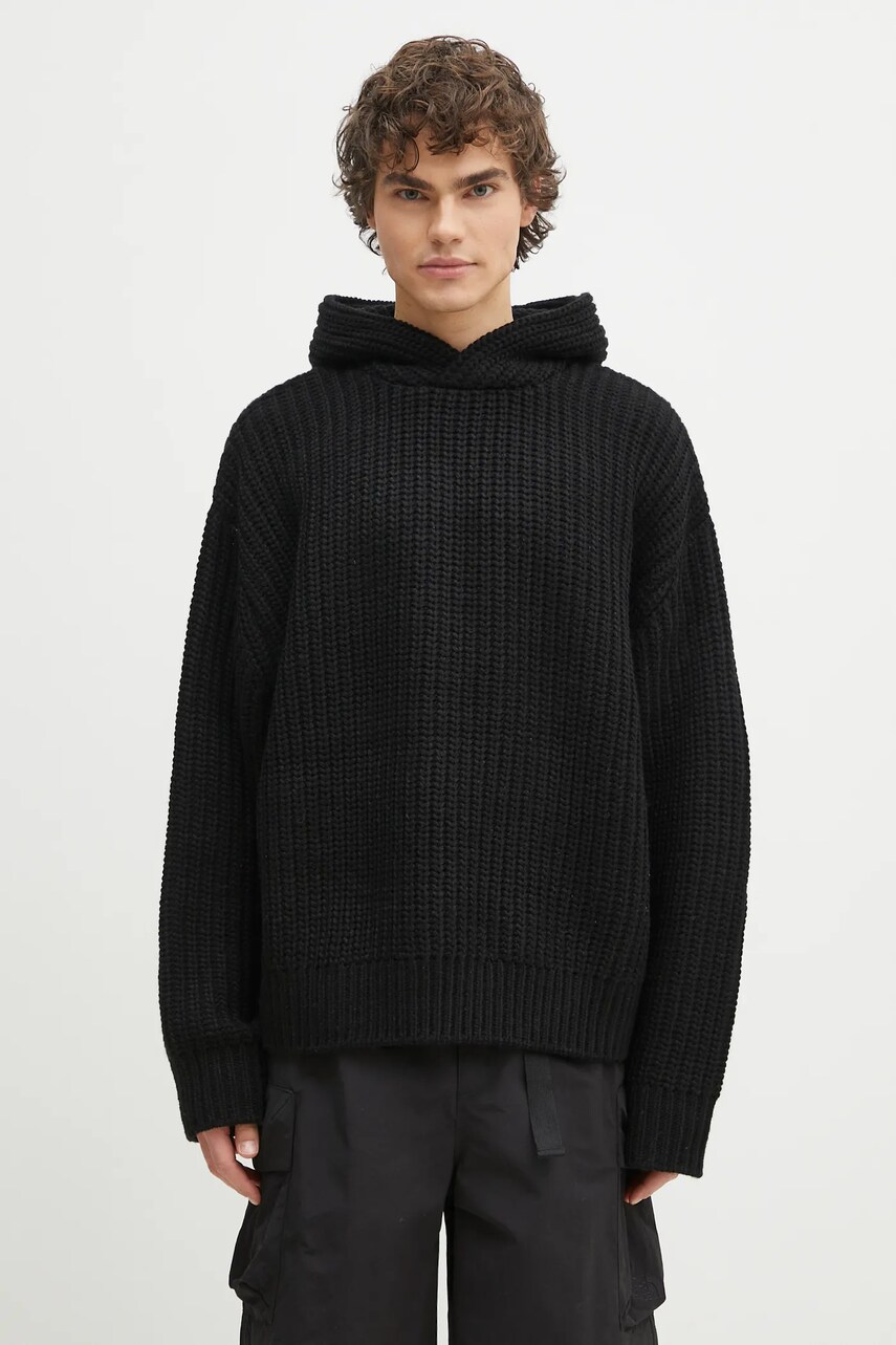 MKI MIYUKI ZOKU pulover din amestec de lana Chunky Rib Knit Hoody barbati, culoarea negru, călduros, CHUNKY.RIB.KNIT.HOODY.B