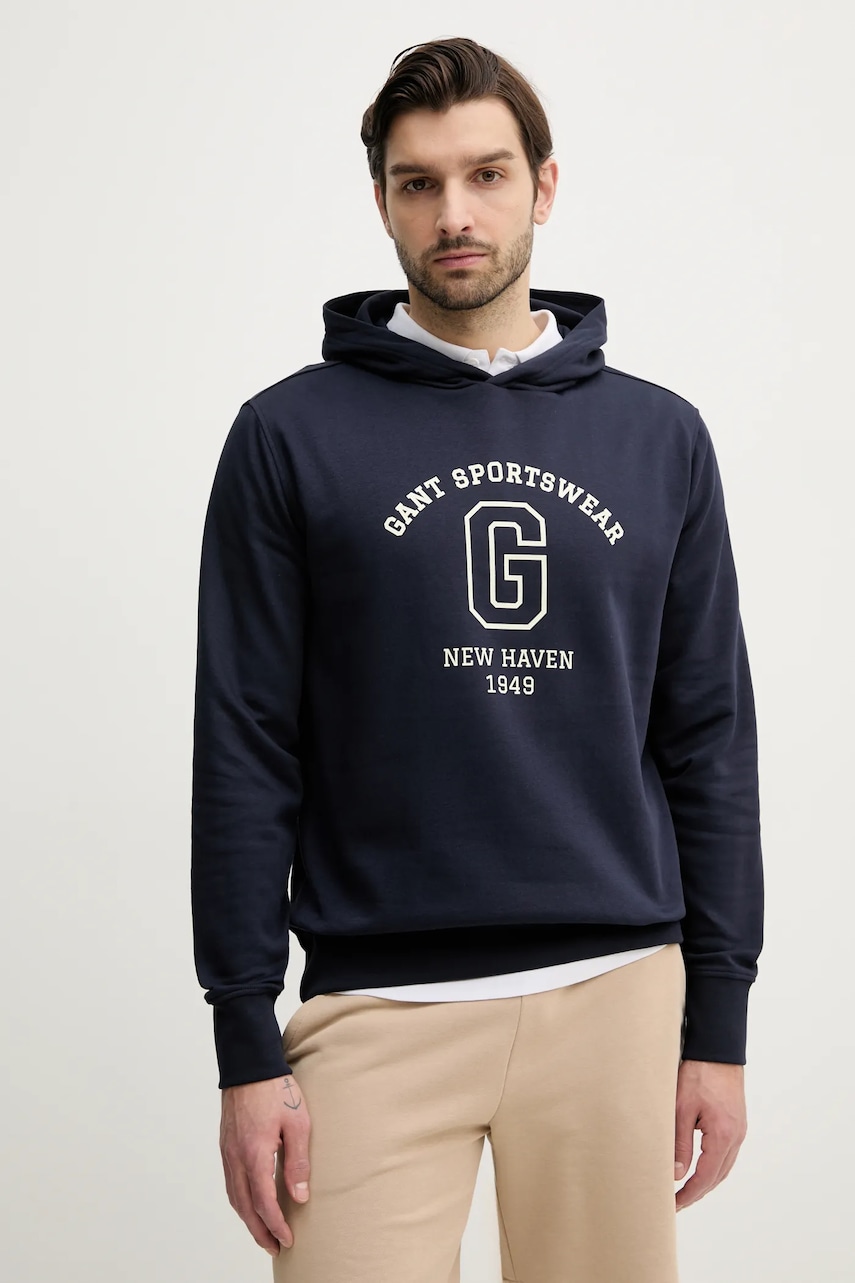 Gant bluza barbati, culoarea albastru marin, cu glugă, cu imprimeu, 2067033