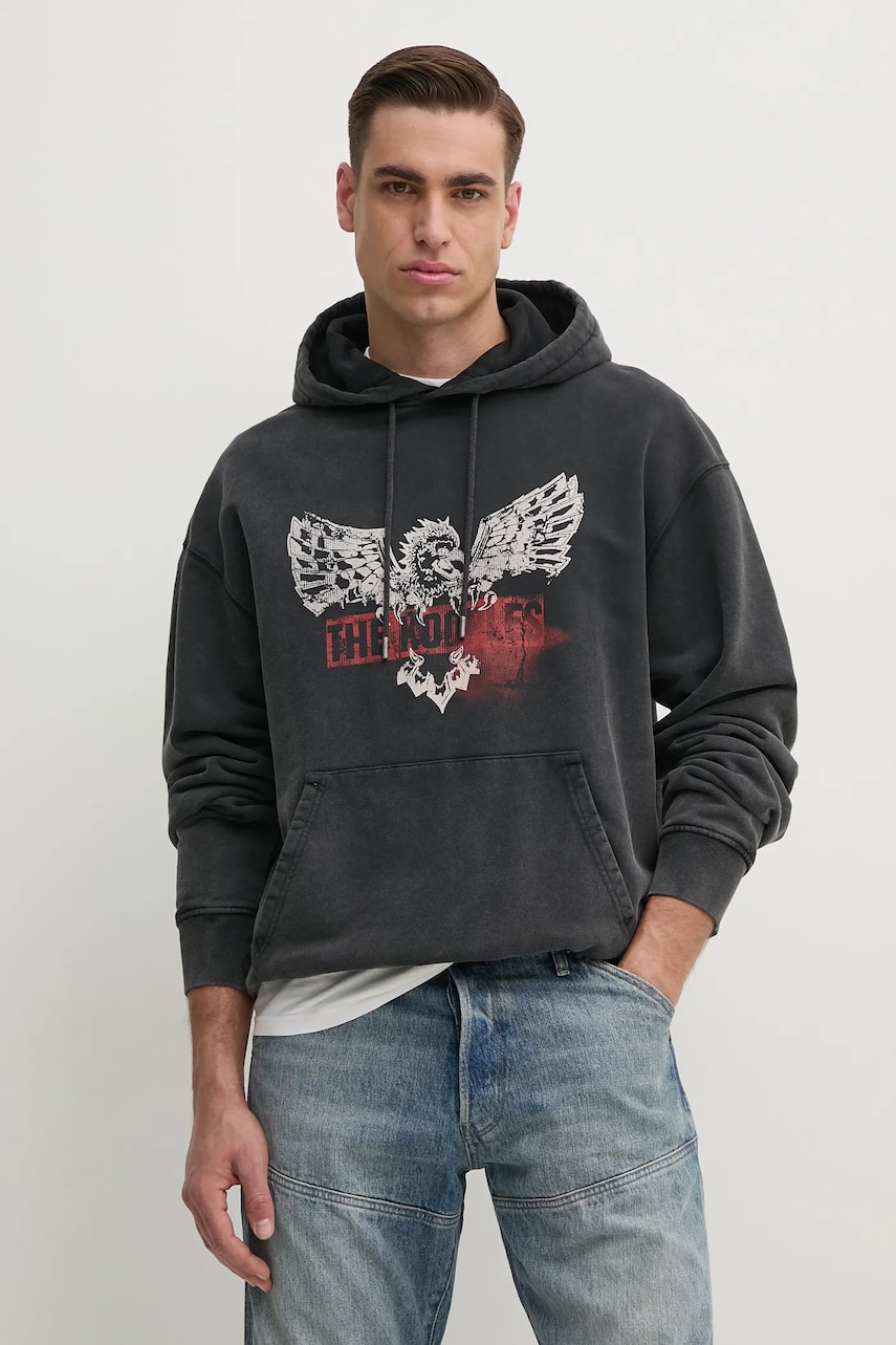 The Kooples hanorac de bumbac bărbați, culoarea gri, cu glugă, cu imprimeu, HSWE30005K The Kooples hanorac de bumbac bărbați, culoarea gri, cu glugă, cu imprimeu, HSWE30005K