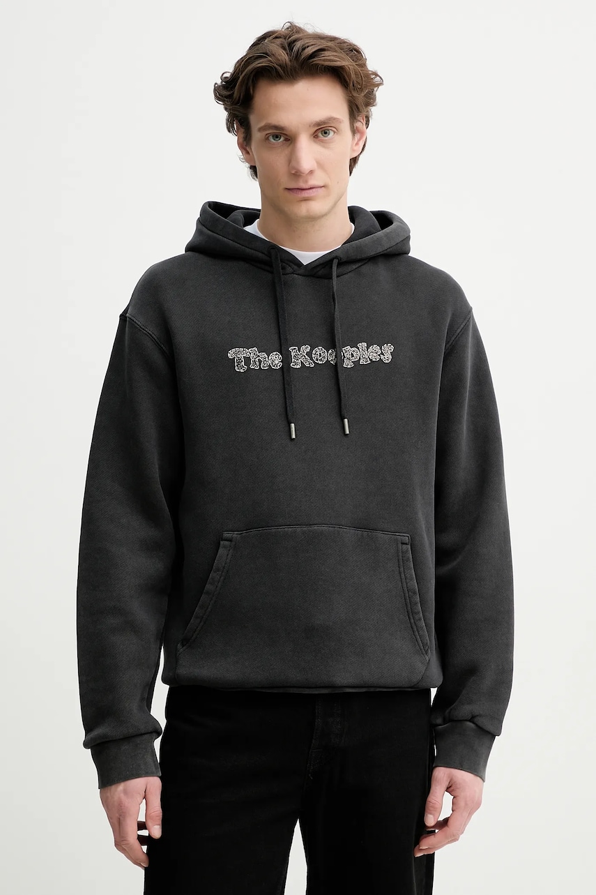 The Kooples hanorac de bumbac bărbați, culoarea gri, cu glugă, cu imprimeu, HSWE30020K The Kooples hanorac de bumbac bărbați, culoarea gri, cu glugă, cu imprimeu, HSWE30020K