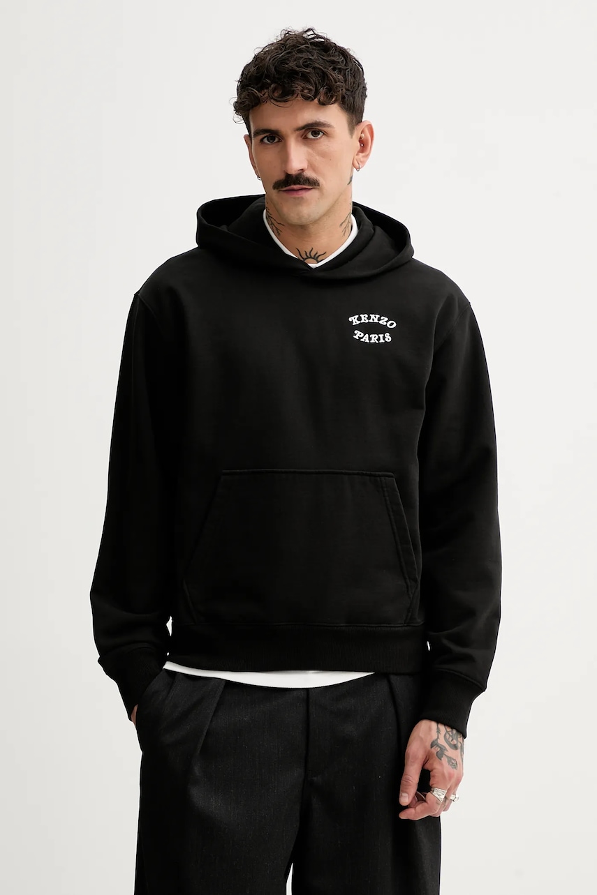 Kenzo hanorac de bumbac bărbați, culoarea negru, cu glugă, uni, FF55SW2724MC.99J