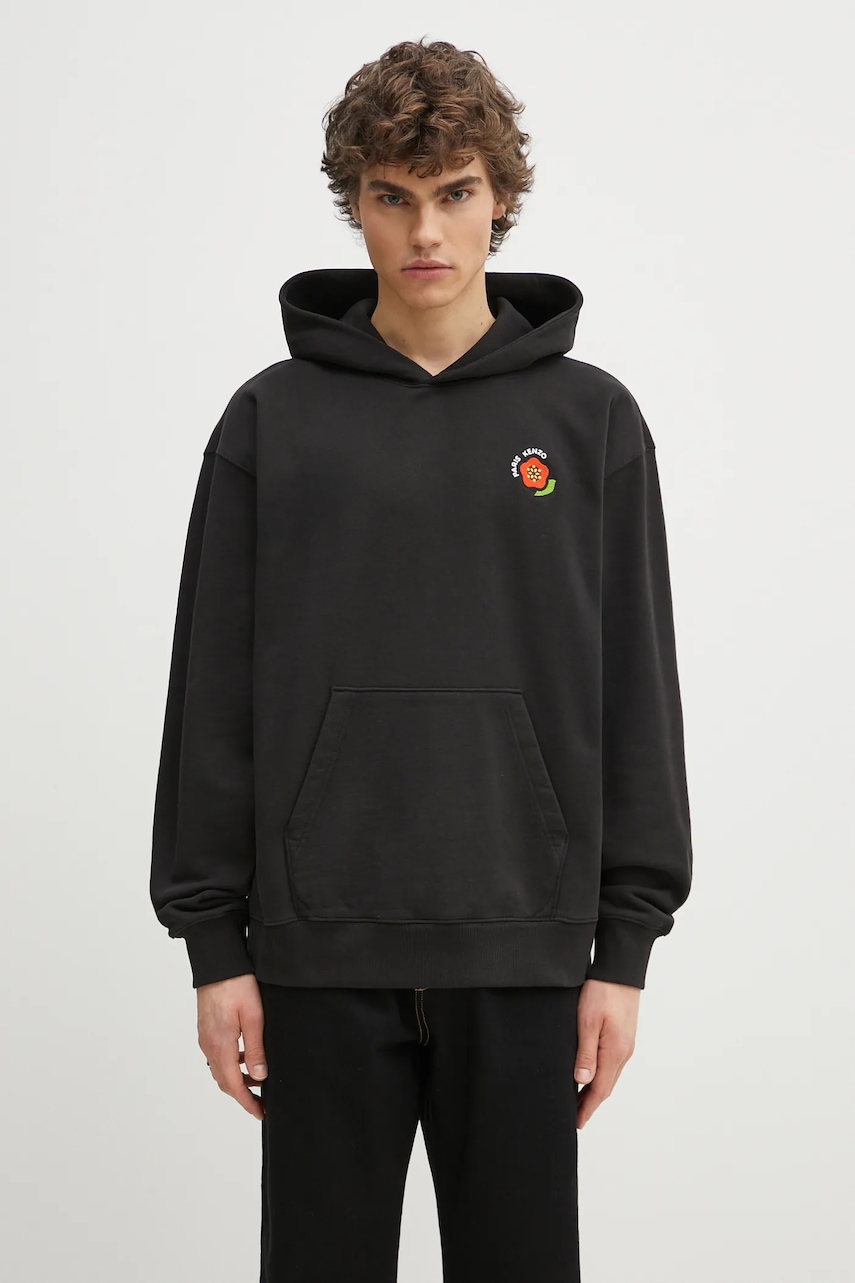 Kenzo hanorac de bumbac barbati, culoarea negru, cu glugă, cu imprimeu, FF55SW2754MC.99J