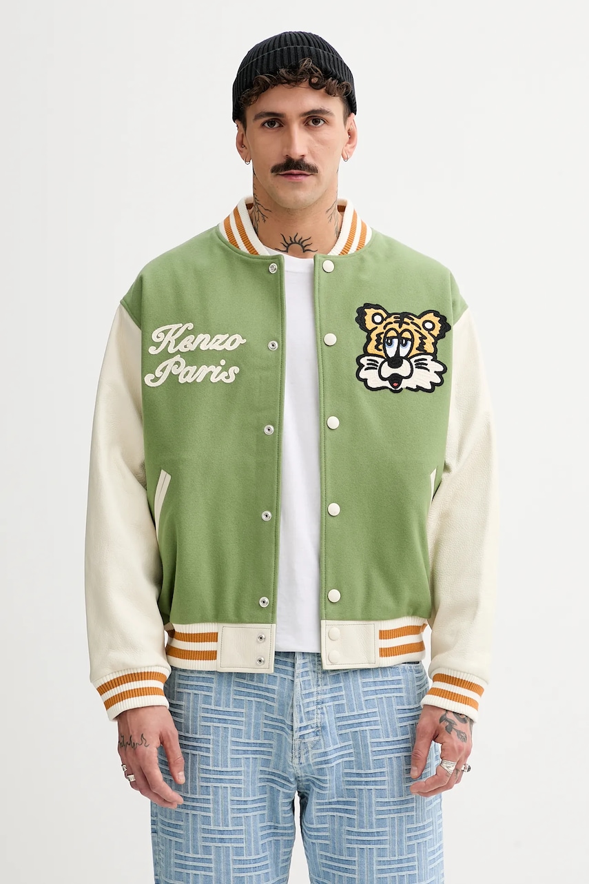 Kenzo jacheta bomber din amestec de lana x Verdy culoarea verde, de tranzitie, oversize, FF58BL1509OH.48