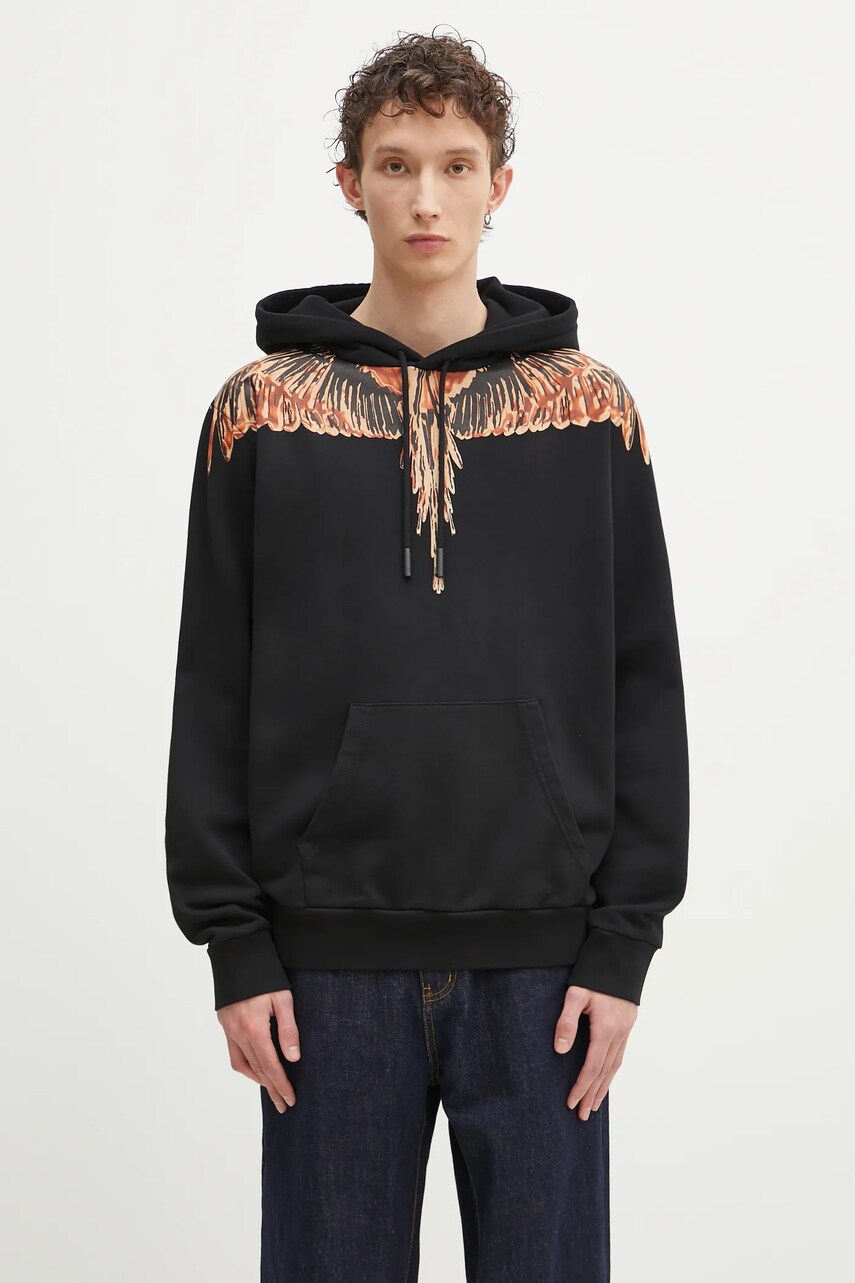 Marcelo Burlon hanorac de bumbac Icon Wings Regular Hoodie Black Orange barbati, culoarea negru, cu glugă, cu imprimeu, CMBB007S25FLE0011020