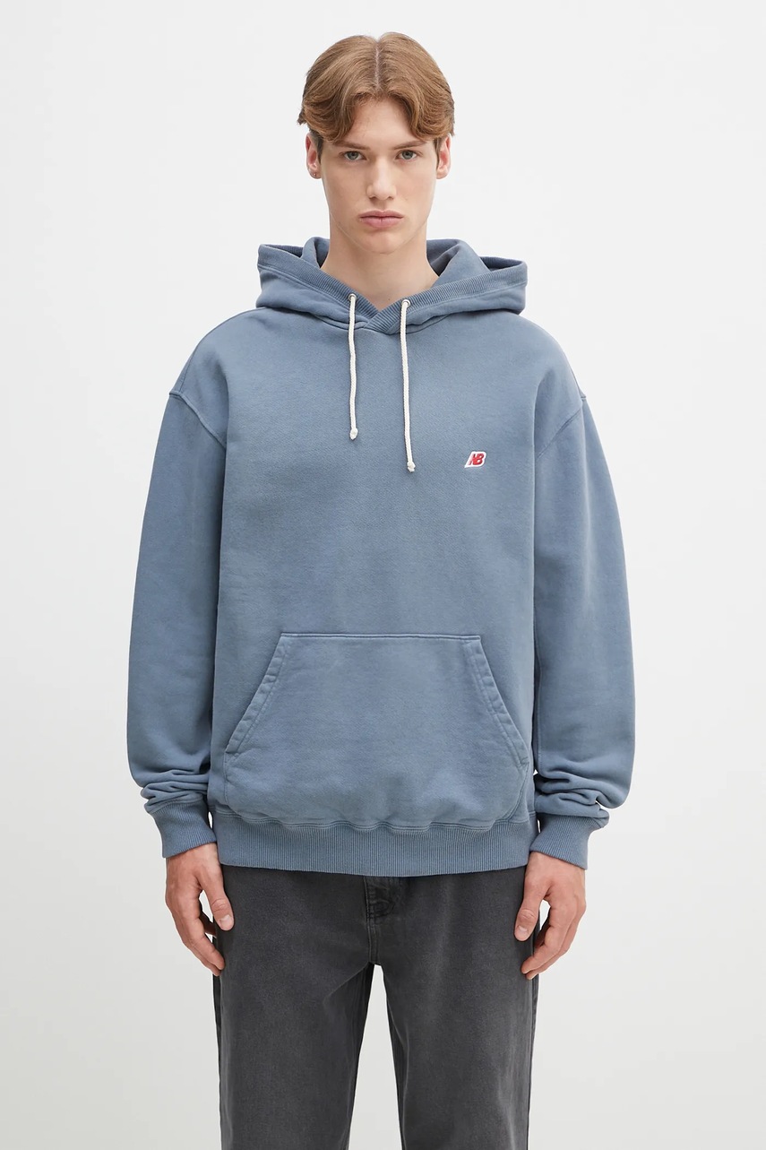 Mikina New Balance Made In Usa Seasonal Core Hoo DTY pánská, modrá barva, s kapucí, hladká, MT43547DTY