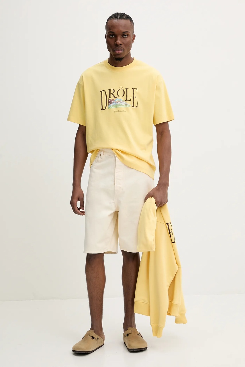 Хлопковая кофта Drôle de Monsieur Le Hoodie Tennis Court цвет жёлтый с капюшоном с аппликацией G-HO176-CO127-LYL