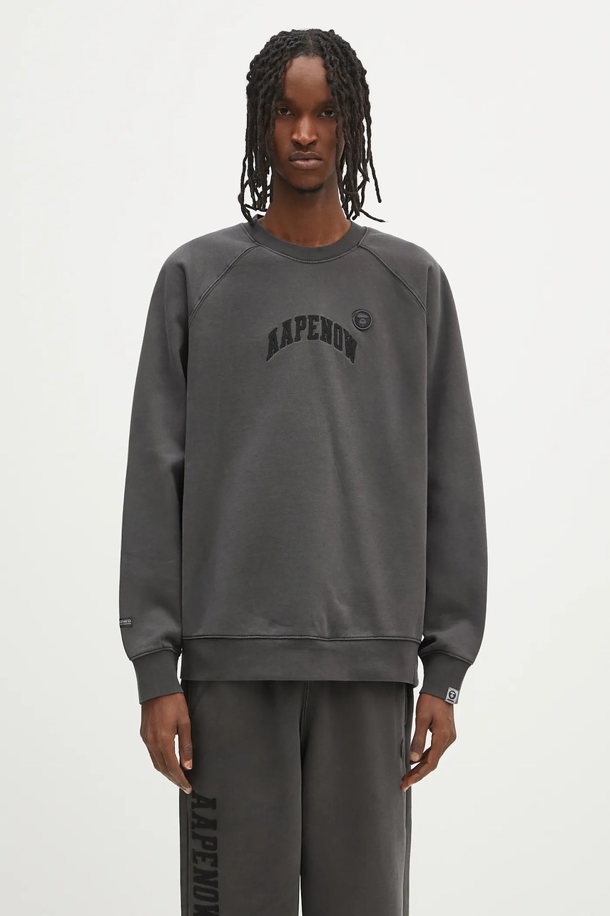 Bavlněná mikina AAPE Now Crew Neck pánská, černá barva, s aplikací, AAPSWMB320XXN