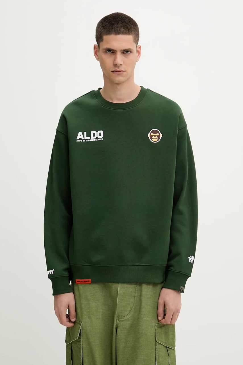 Mikina AAPE Aaper Crew Neck pánská, zelená barva, s aplikací, AAPSWMB377XXN