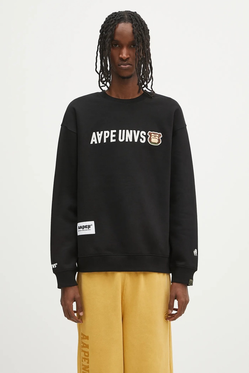 Mikina AAPE Aaper Crew Neck pánská, černá barva, s aplikací, AAPSWMB379XXN